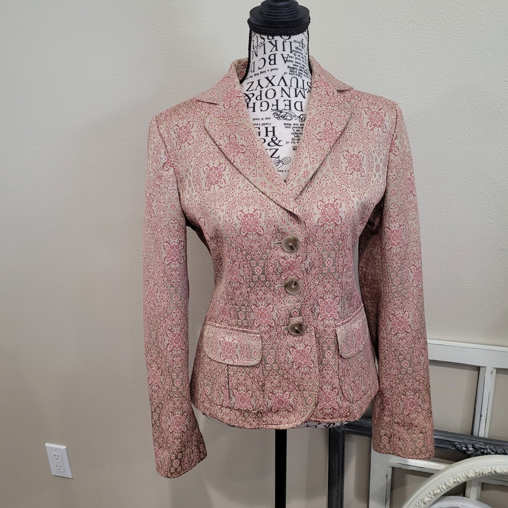 Ann Taylor Women Sz 2 Brocade 3 button Blazer jacket tan pink rose career work